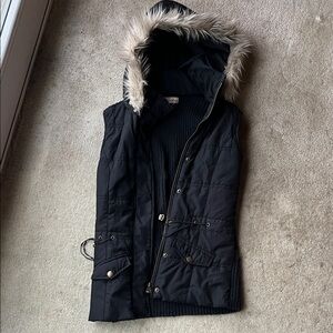 Black Hooded Vest with Faux Fur Trim. S